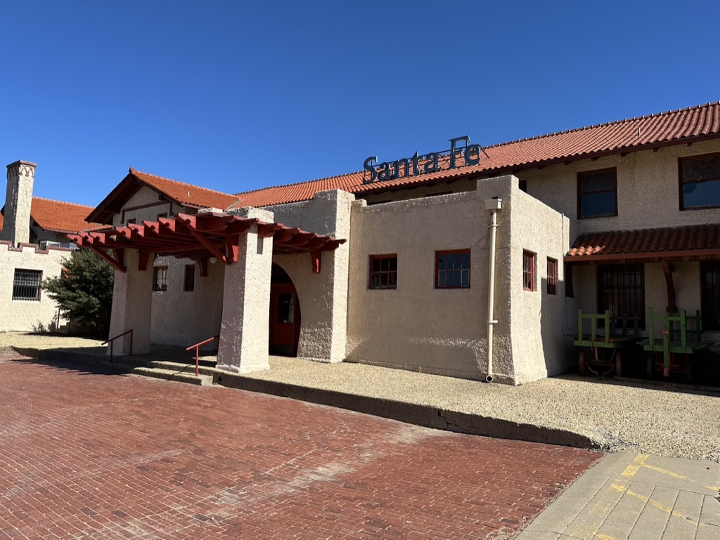 The 1910 Santa Fe Depot in downtown Amarillo with original Santa Fe signage and Mission Revival architecture